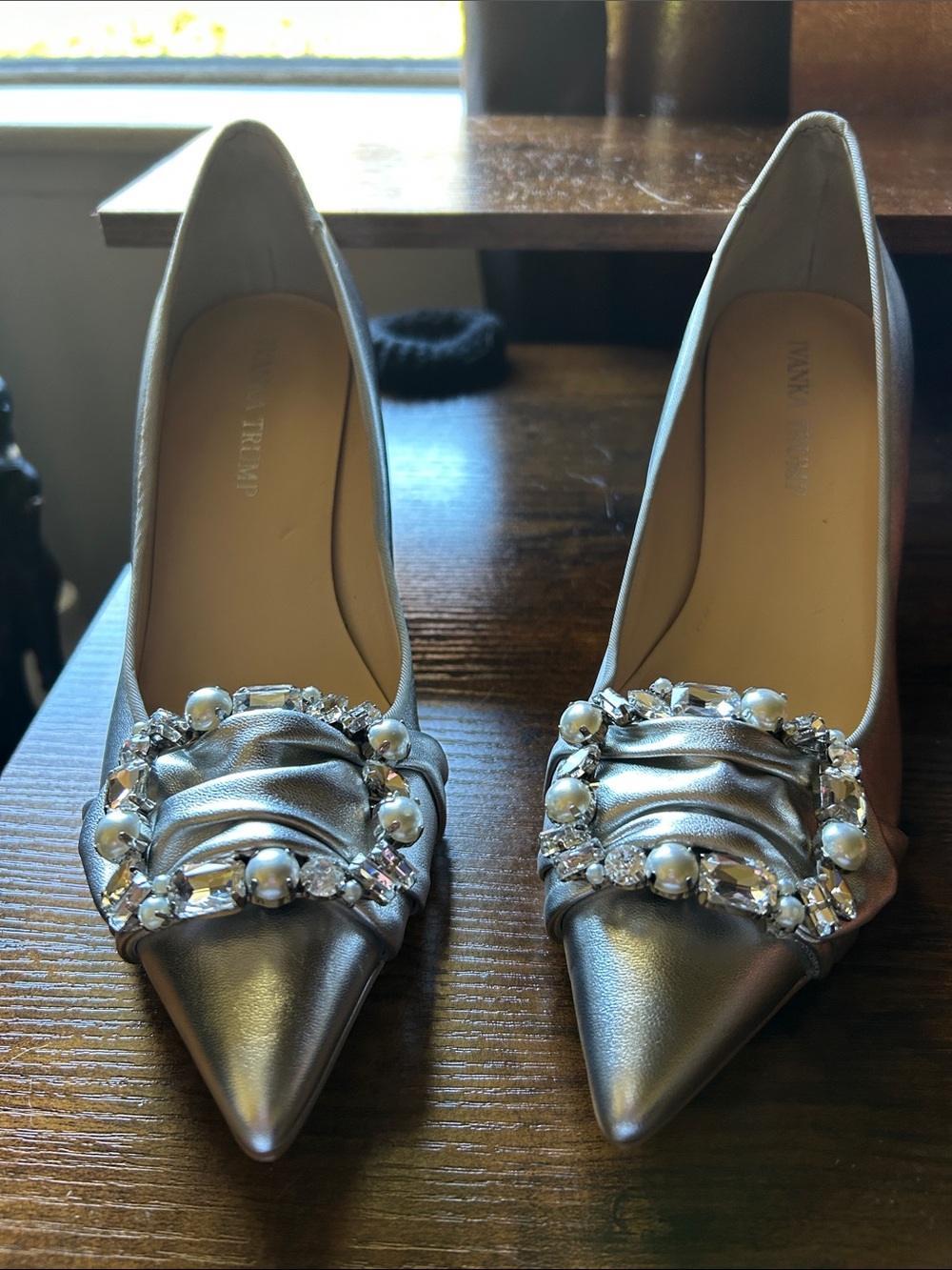 Ivanka Trump Silver Pointed-Toe Pumps with Pearl & Crystal Brooch